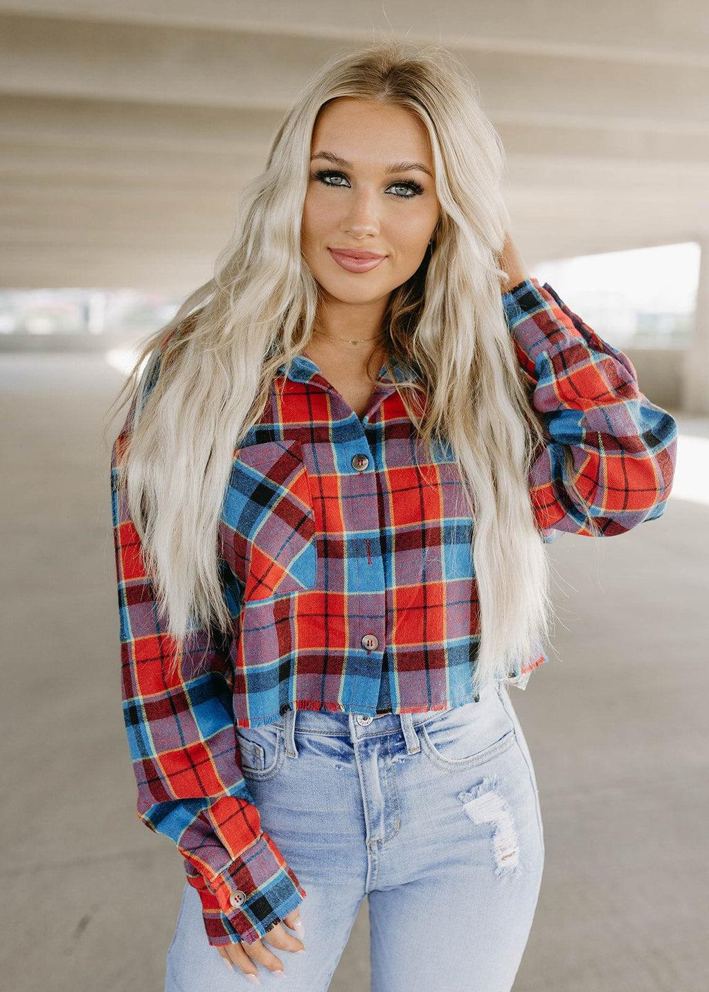 plaid cropped button flannel
