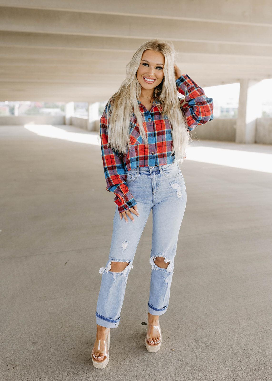 plaid cropped button flannel