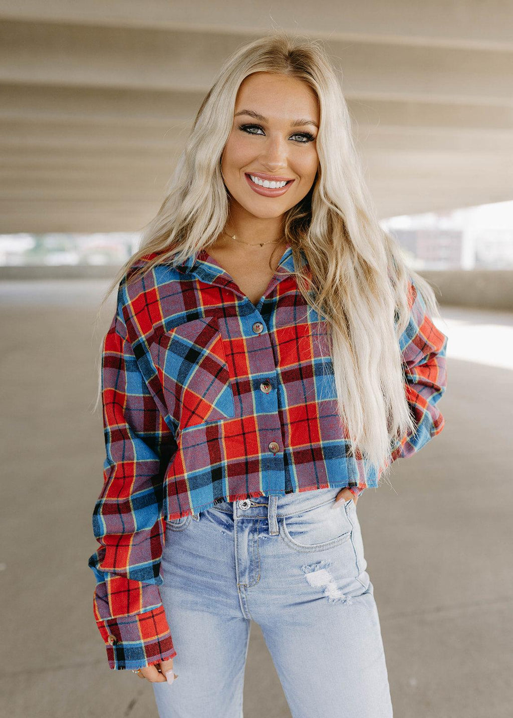 plaid cropped button flannel