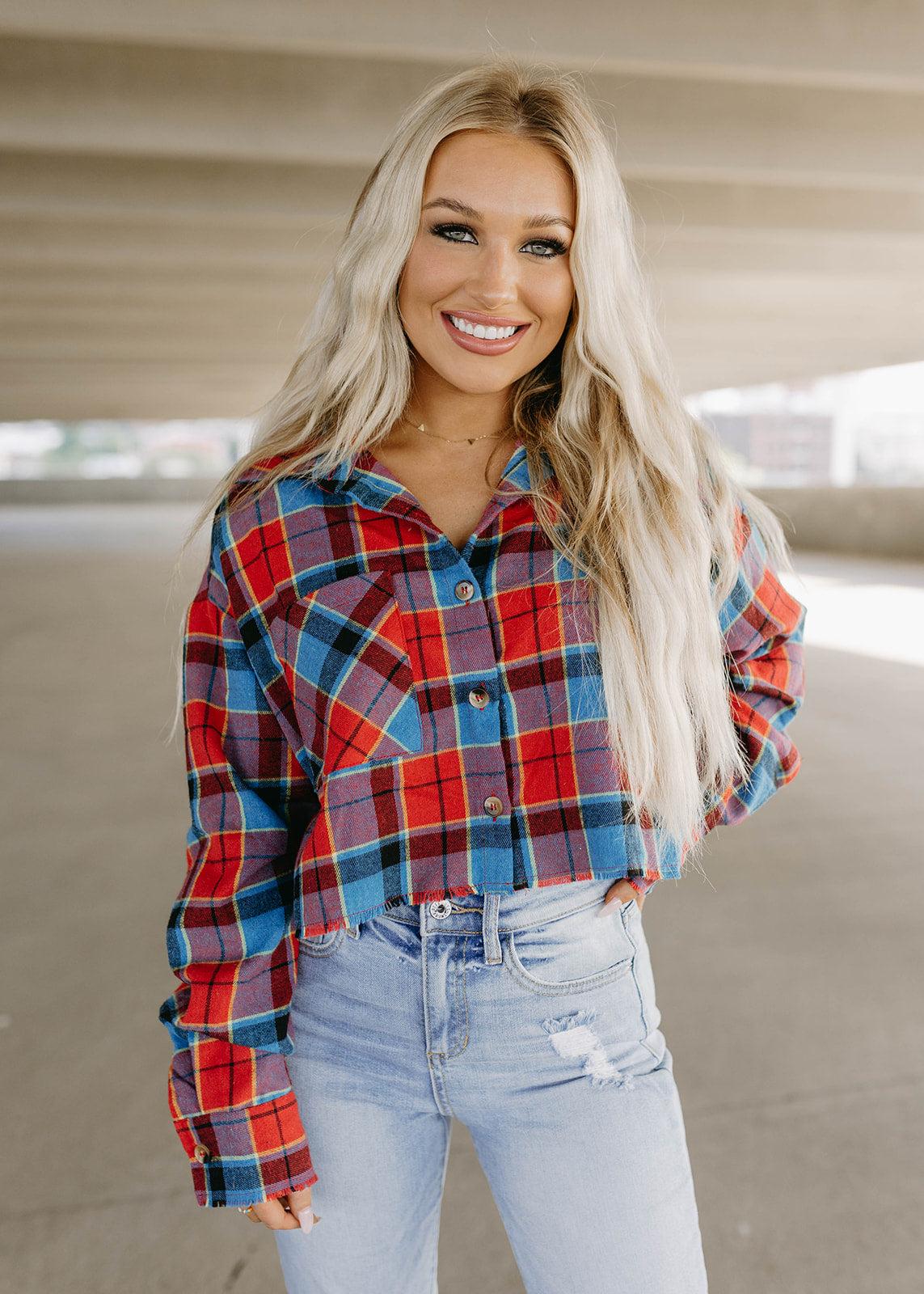 plaid cropped button flannel