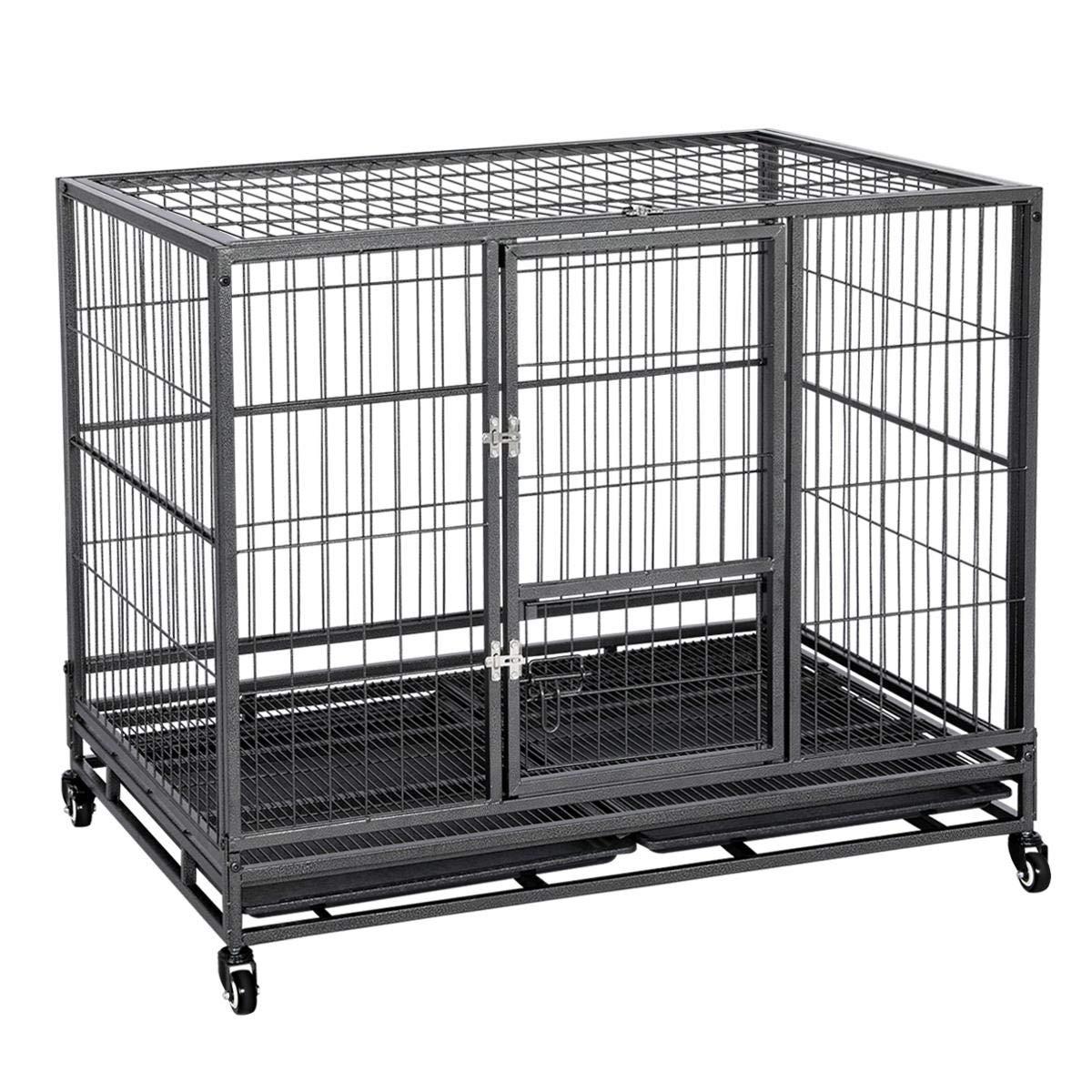 Topeart 43-inch Heavy Duty Dog CaStrong Metal Kennel and Crate Double Door Easy to Assemble Pet Caw/Tray/Wheels/Double Tray Black