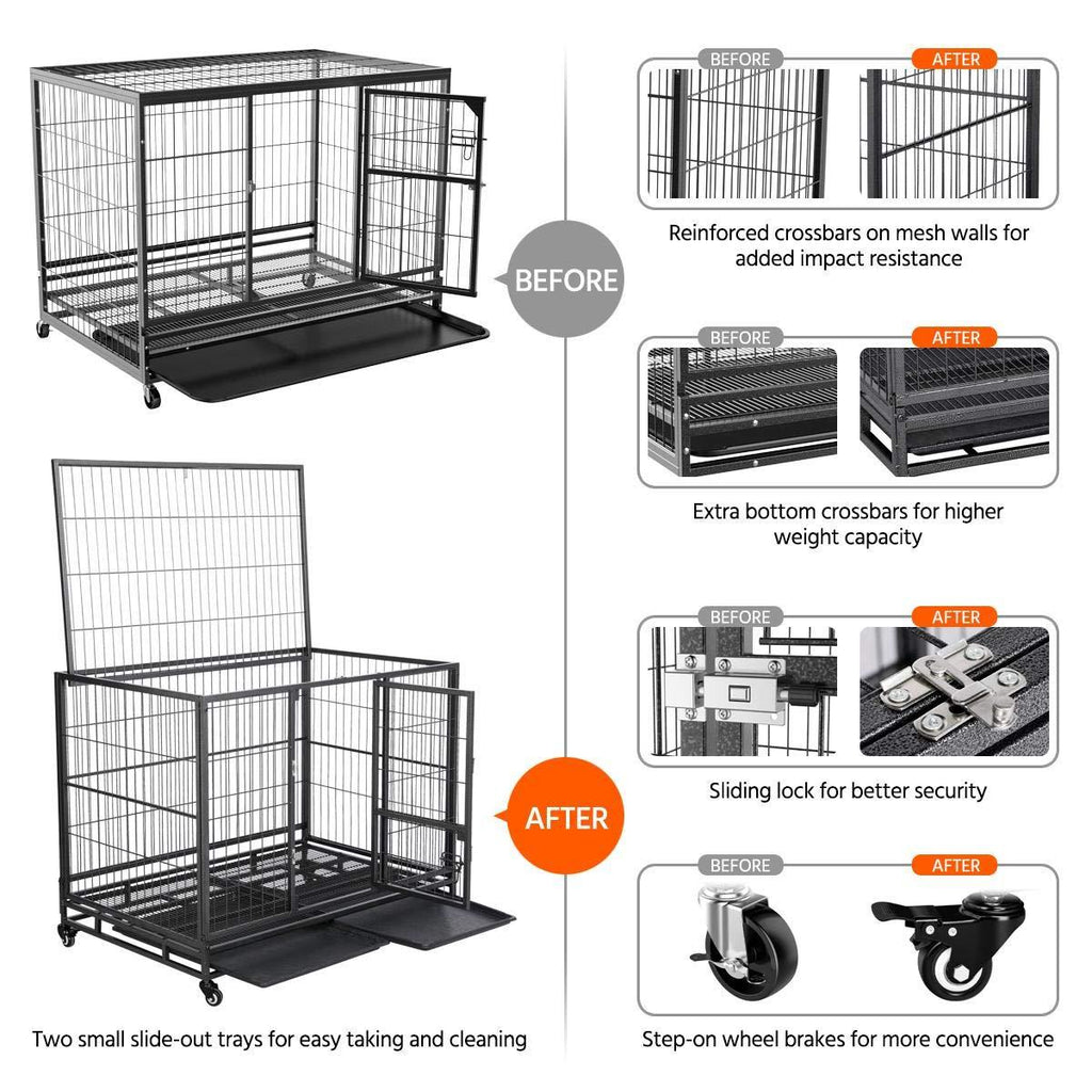 Topeart 43-inch Heavy Duty Dog CaStrong Metal Kennel and Crate Double Door Easy to Assemble Pet Caw/Tray/Wheels/Double Tray Black