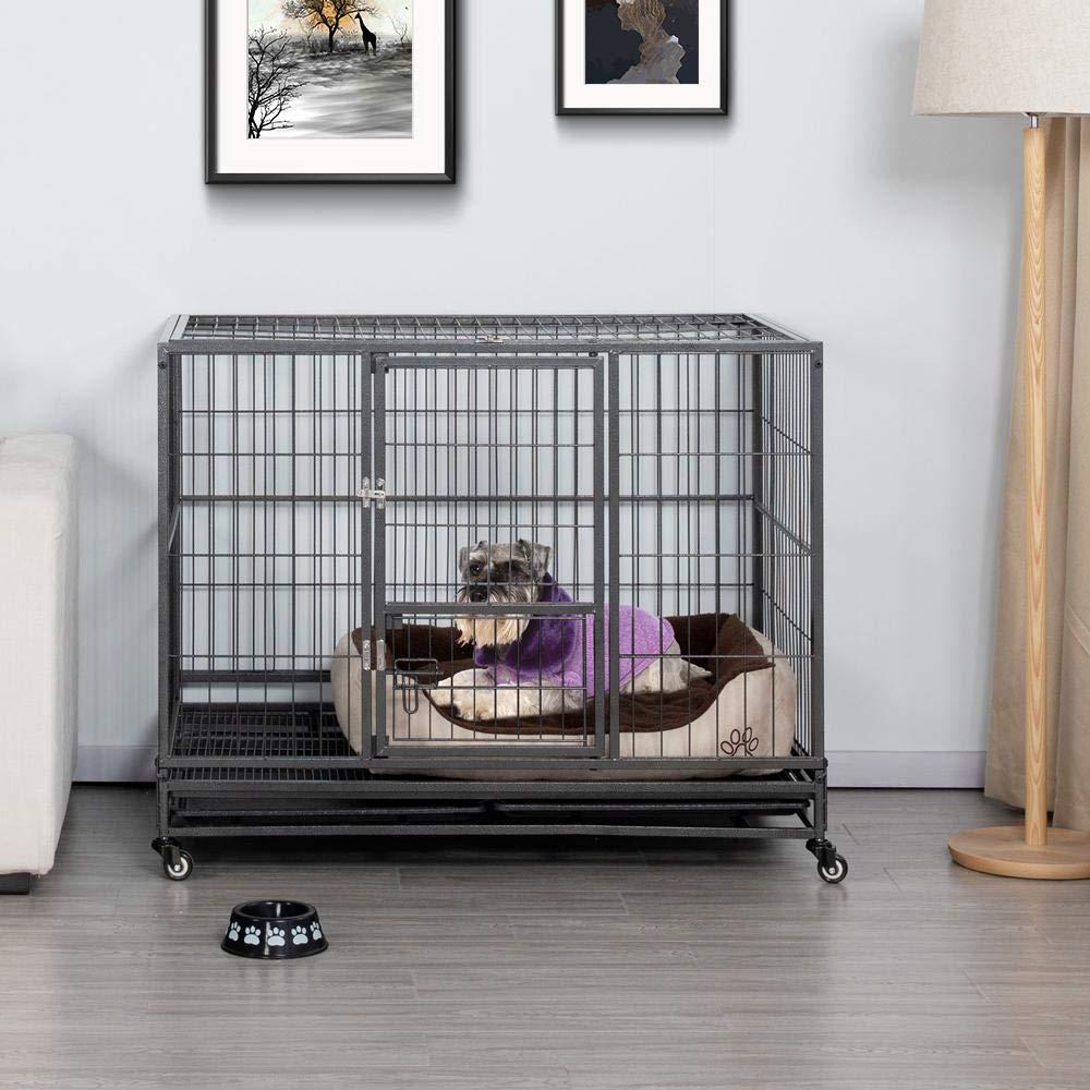 Topeart 43-inch Heavy Duty Dog CaStrong Metal Kennel and Crate Double Door Easy to Assemble Pet Caw/Tray/Wheels/Double Tray Black