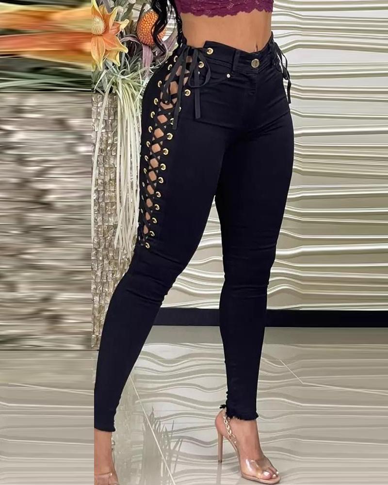 eyelet lace up button design skinny pants