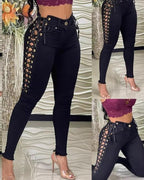 eyelet lace up button design skinny pants