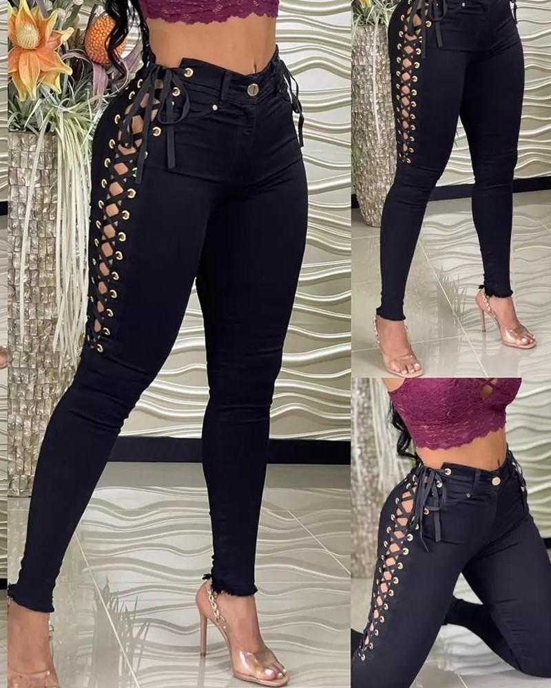 eyelet lace up button design skinny pants