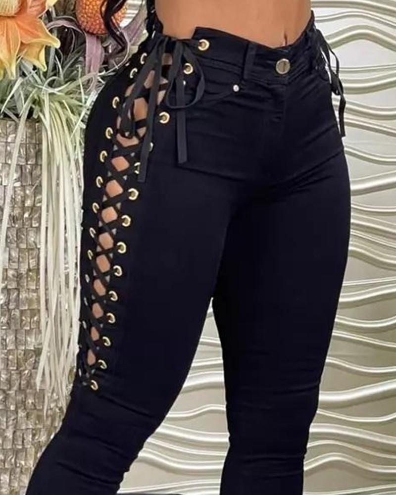 eyelet lace up button design skinny pants