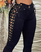 eyelet lace up button design skinny pants