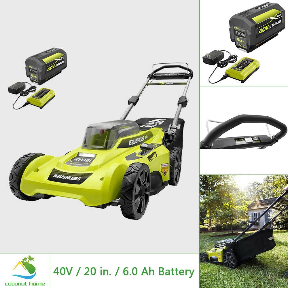 RYOBI 40V Lawn Mower Walk Behind Push 20 in Cut Deck w 6.0 Ah Battery Charger