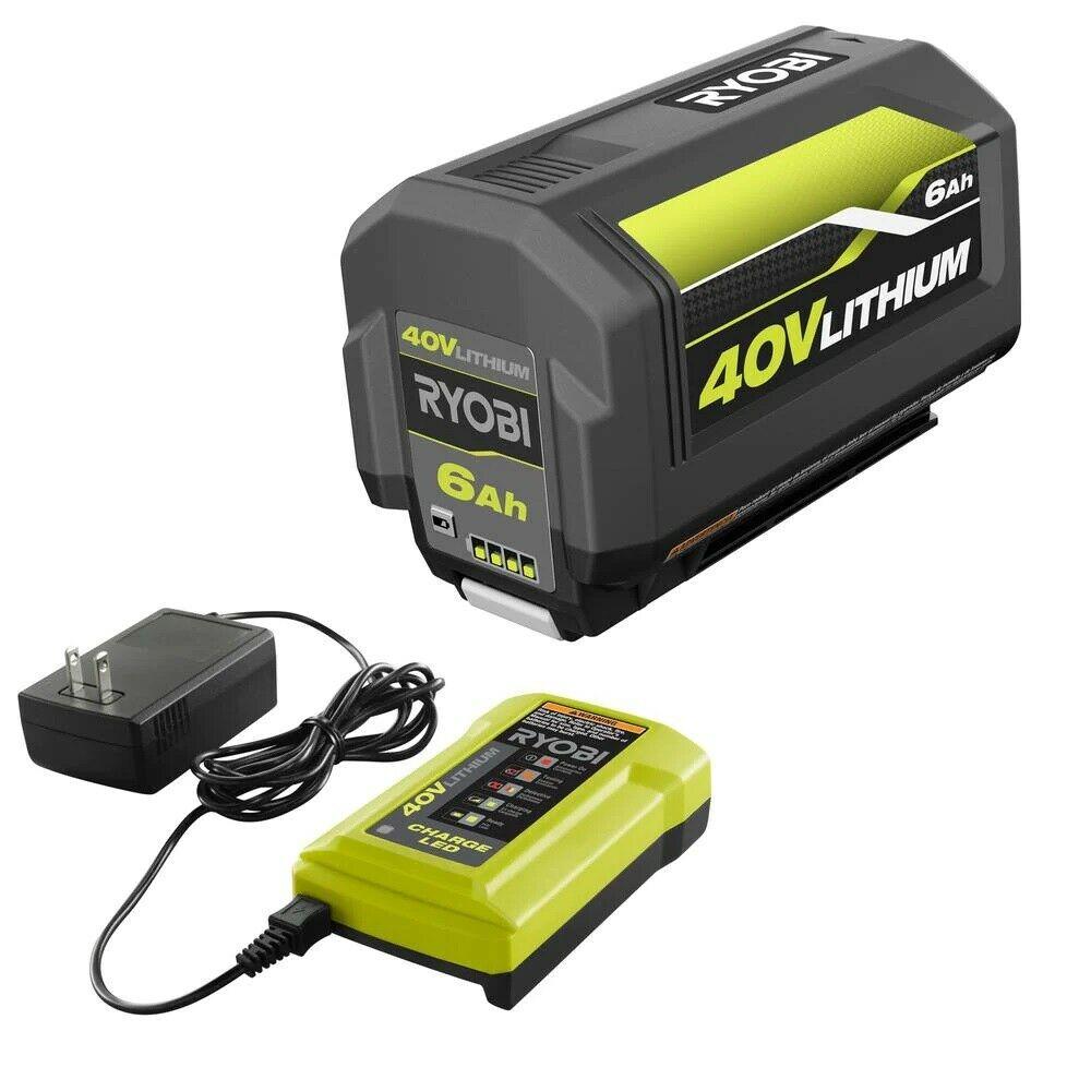 RYOBI 40V Lawn Mower Walk Behind Push 20 in Cut Deck w 6.0 Ah Battery Charger