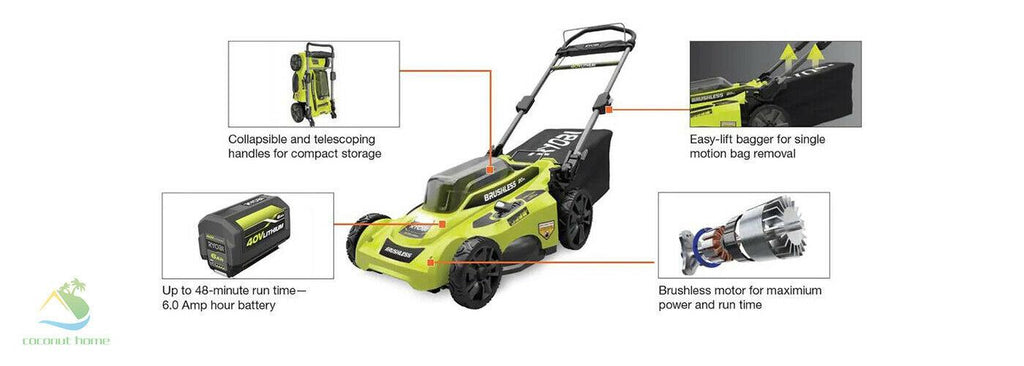 RYOBI 40V Lawn Mower Walk Behind Push 20 in Cut Deck w 6.0 Ah Battery Charger