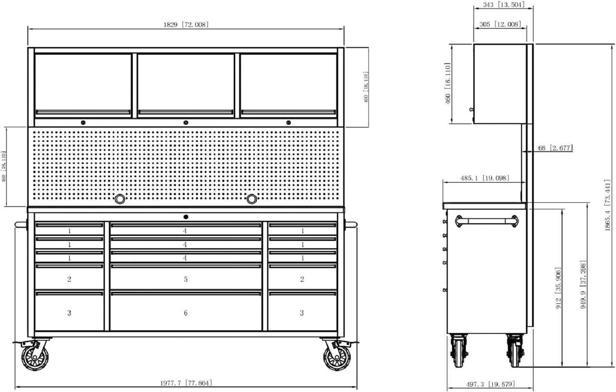 72-inch Tool Chest Cabinet Rolling GaraWorkbench with 15 StoraDrawers and Wheels, 3 Upper Cabinet, Pegboard, Steel LarTool Box,Matte Black