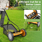 Manual Lawn Mower, 14 Inch 5-Blade Walk-Behind Cordless Grass Cutter with 7 Gallon Removable Grass Collect Bag, Adjustable Cutting Heights, Push Reel Lawn Mower for Yard, Garden