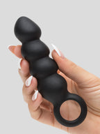 Beaded Silicone Butt Plug with Finger Loop, Black