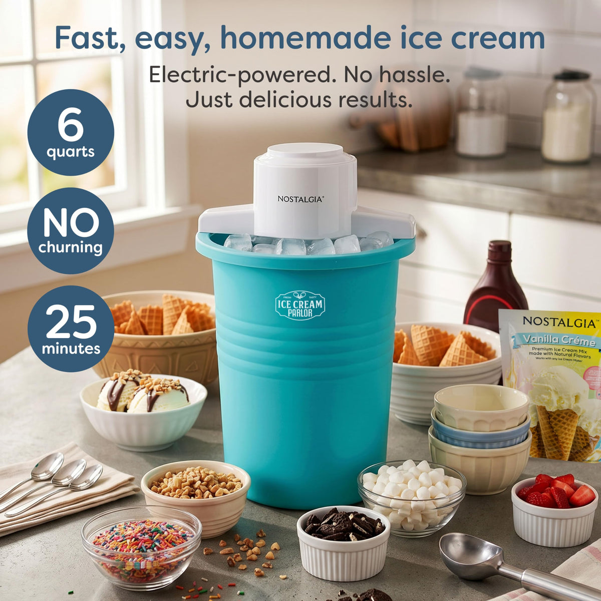 Electric Ice Cream Maker With 6 Qt Capacity- Ice Cream Machine Makes Frozen Yogurt or Gelato in Minutes- Ice Cream Maker with Aluminum Canister- Blue