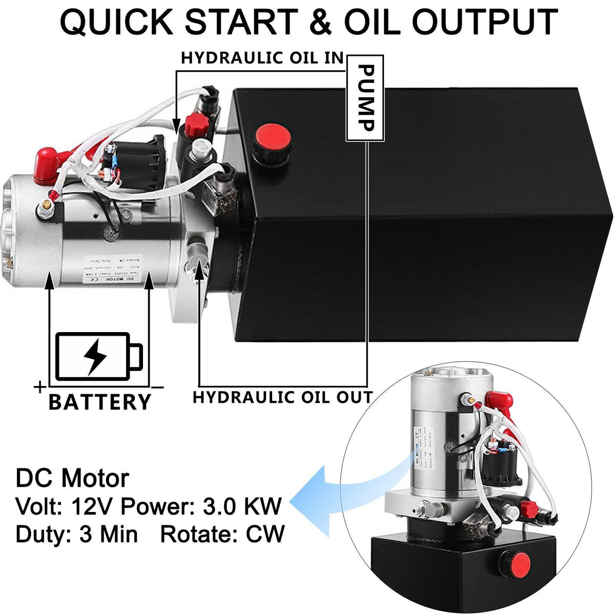 DC12V 8-Quart High Flow Double-Acting Hydraulic Pump Power Unit Dump Trailer