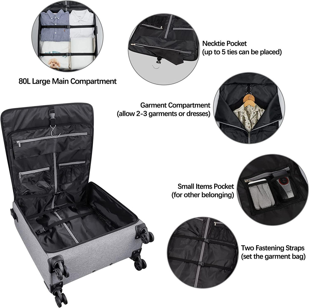 Rolling Garment Bags with Wheels for Travel, Wheeled Garment Luggage Bag for Men and Women, 4 Spinner Wheels, Separate Suit Compartment, Side-mounted Locks, Checked-Large 26-Inch Suitcase