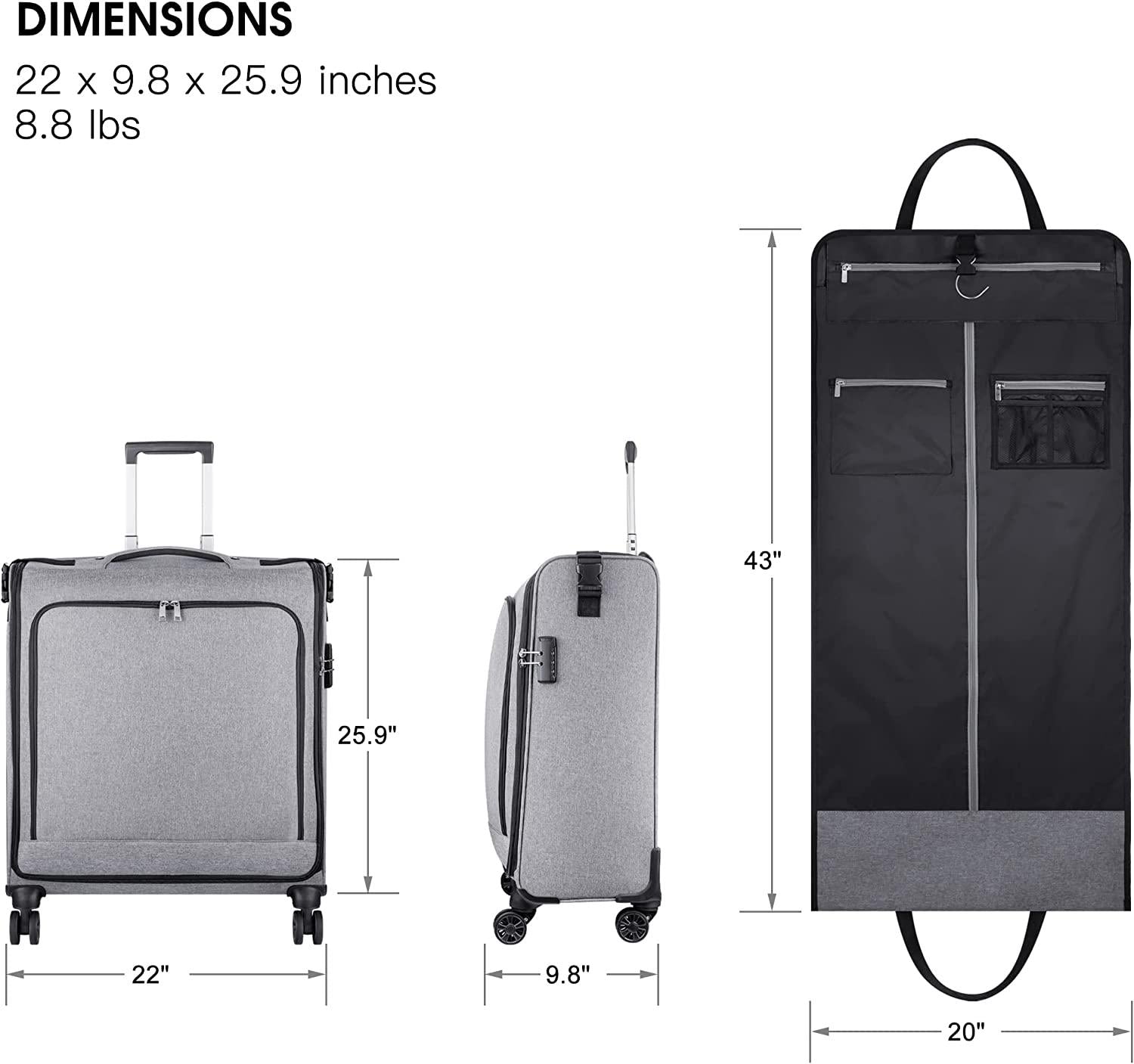 Rolling Garment Bags with Wheels for Travel, Wheeled Garment Luggage Bag for Men and Women, 4 Spinner Wheels, Separate Suit Compartment, Side-mounted Locks, Checked-Large 26-Inch Suitcase