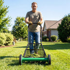 Push Reel Lawn Mower, Cordless 18" Manganese Steel Manual Grass Cutter with 5-Blade, Removable Grass Catcher, 9 Cutting Heights, Walk-Behind Lawn Mower for Garden Farm Yard (Green)