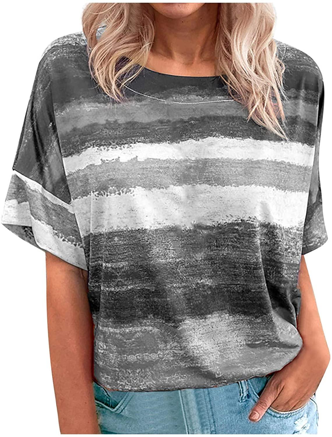 Summer Women Crewneck Tshirt Tops Casual Loose Fit Tie Dye Tunic Tees Short Sleeve Comfy Soft Workout Blouse
