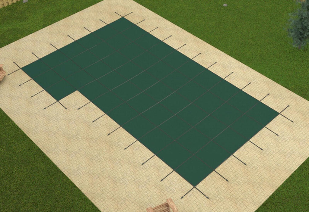 gli rectangle mesh swimming pool safety cover w/ 4x8 left flush &amp; wood anchors