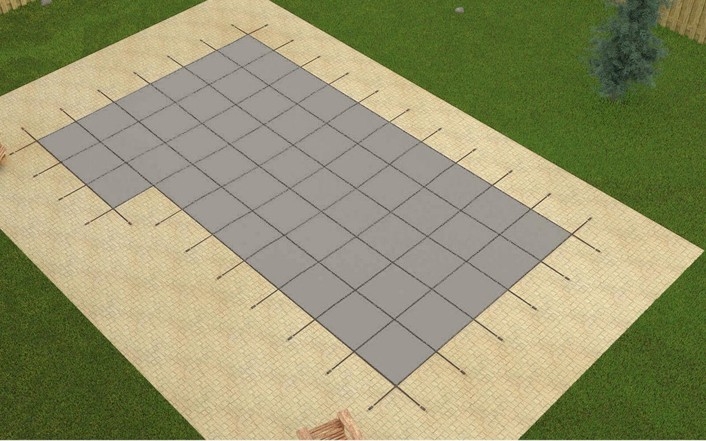 gli rectangle mesh swimming pool safety cover w/ 4x8 left flush &amp; wood anchors