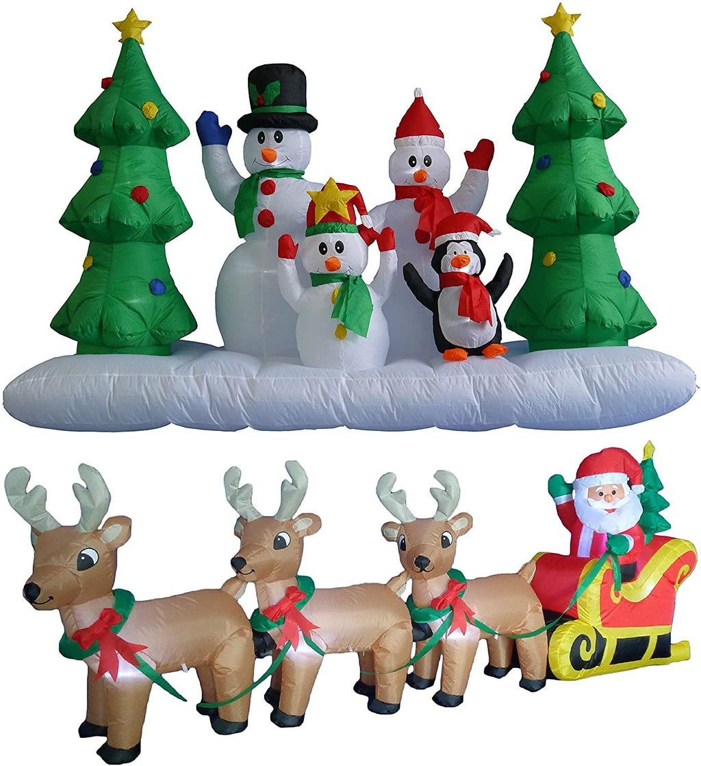 TWO CHRISTMAS PARTY DECORATIONS BUNDLE, Includes 8 Foot Wide Inflatable Snowmen Family with Penguin Christmas Trees, and 8 Foot Long Inflatable Santa Claus on Sleigh with 3 Reindeer and Christmas Tree