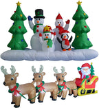 TWO CHRISTMAS PARTY DECORATIONS BUNDLE, Includes 8 Foot Wide Inflatable Snowmen Family with Penguin Christmas Trees, and 8 Foot Long Inflatable Santa Claus on Sleigh with 3 Reindeer and Christmas Tree