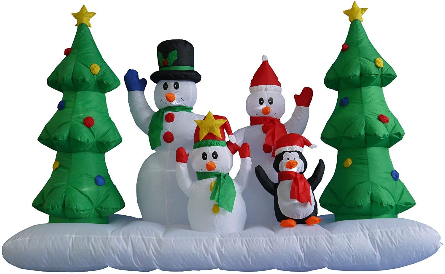 TWO CHRISTMAS PARTY DECORATIONS BUNDLE, Includes 8 Foot Wide Inflatable Snowmen Family with Penguin Christmas Trees, and 8 Foot Long Inflatable Santa Claus on Sleigh with 3 Reindeer and Christmas Tree