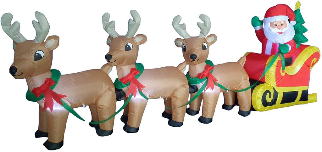 TWO CHRISTMAS PARTY DECORATIONS BUNDLE, Includes 8 Foot Wide Inflatable Snowmen Family with Penguin Christmas Trees, and 8 Foot Long Inflatable Santa Claus on Sleigh with 3 Reindeer and Christmas Tree