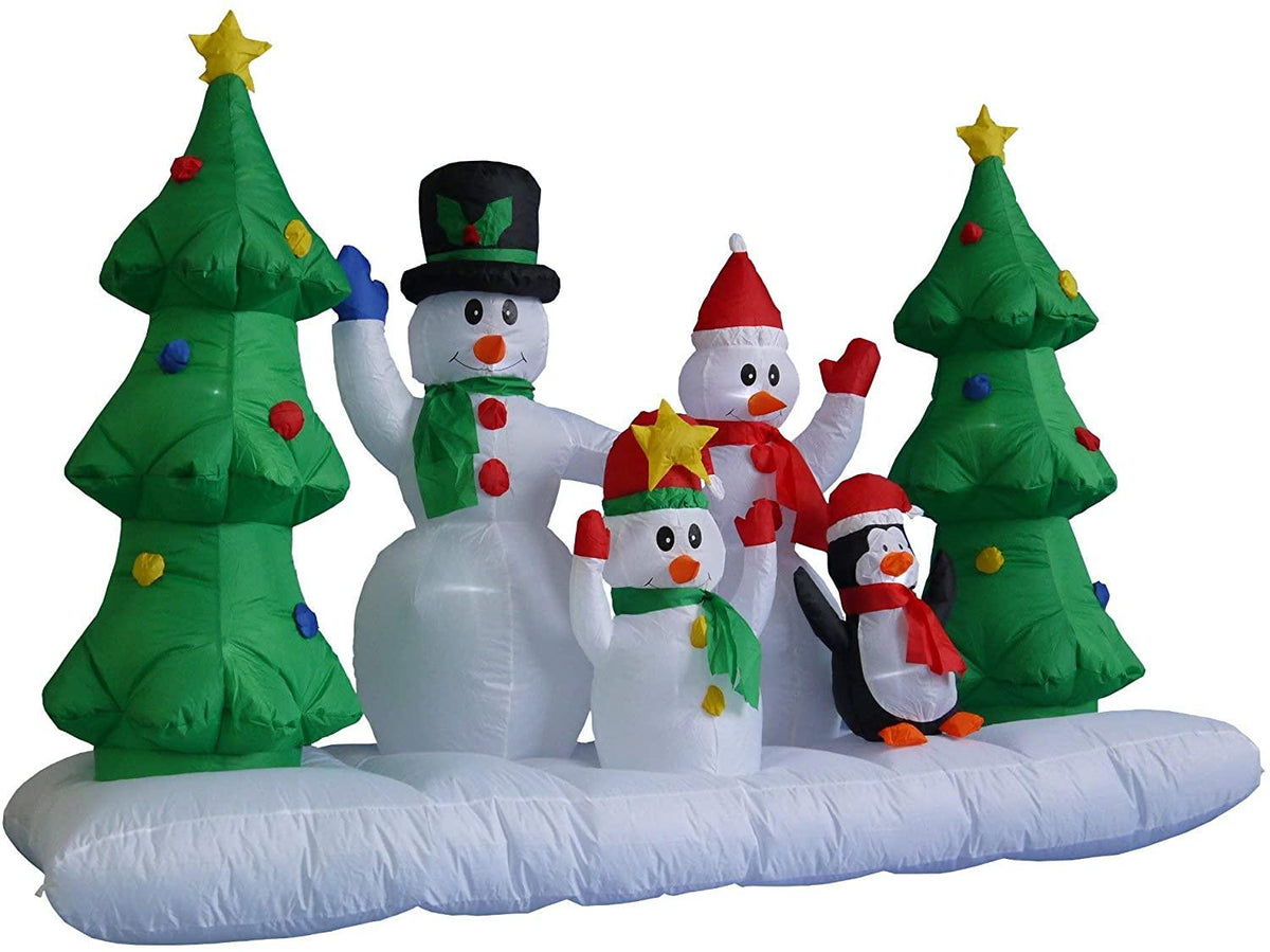 TWO CHRISTMAS PARTY DECORATIONS BUNDLE, Includes 8 Foot Wide Inflatable Snowmen Family with Penguin Christmas Trees, and 8 Foot Long Inflatable Santa Claus on Sleigh with 3 Reindeer and Christmas Tree