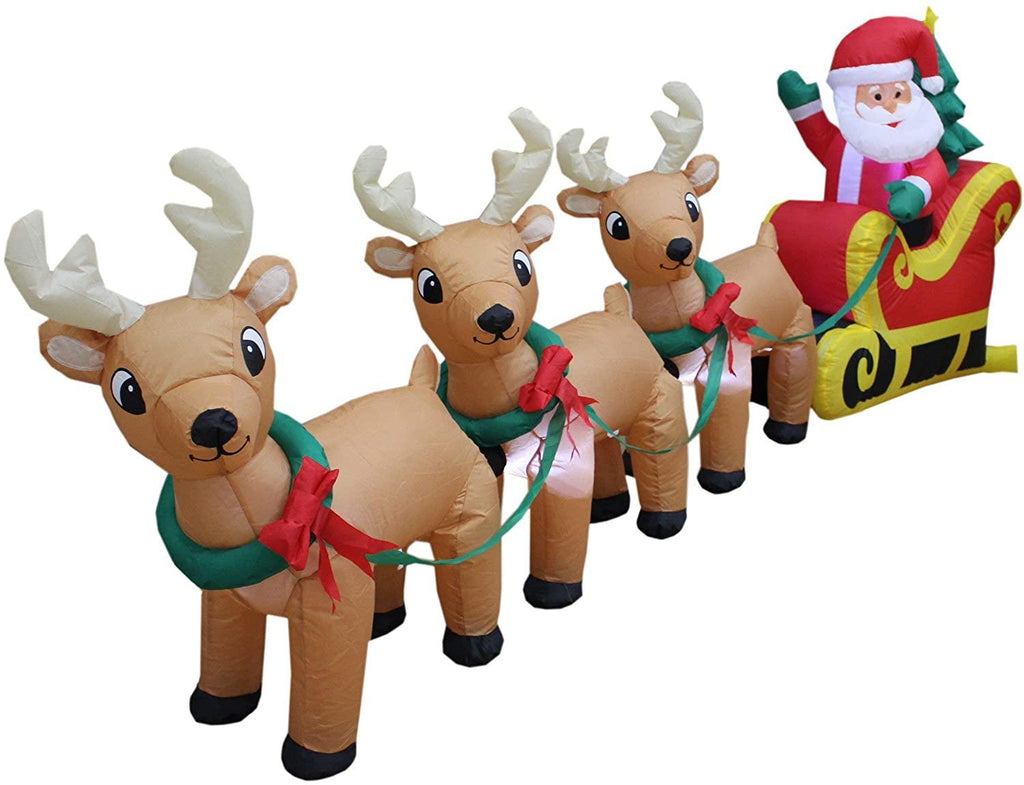 TWO CHRISTMAS PARTY DECORATIONS BUNDLE, Includes 8 Foot Wide Inflatable Snowmen Family with Penguin Christmas Trees, and 8 Foot Long Inflatable Santa Claus on Sleigh with 3 Reindeer and Christmas Tree