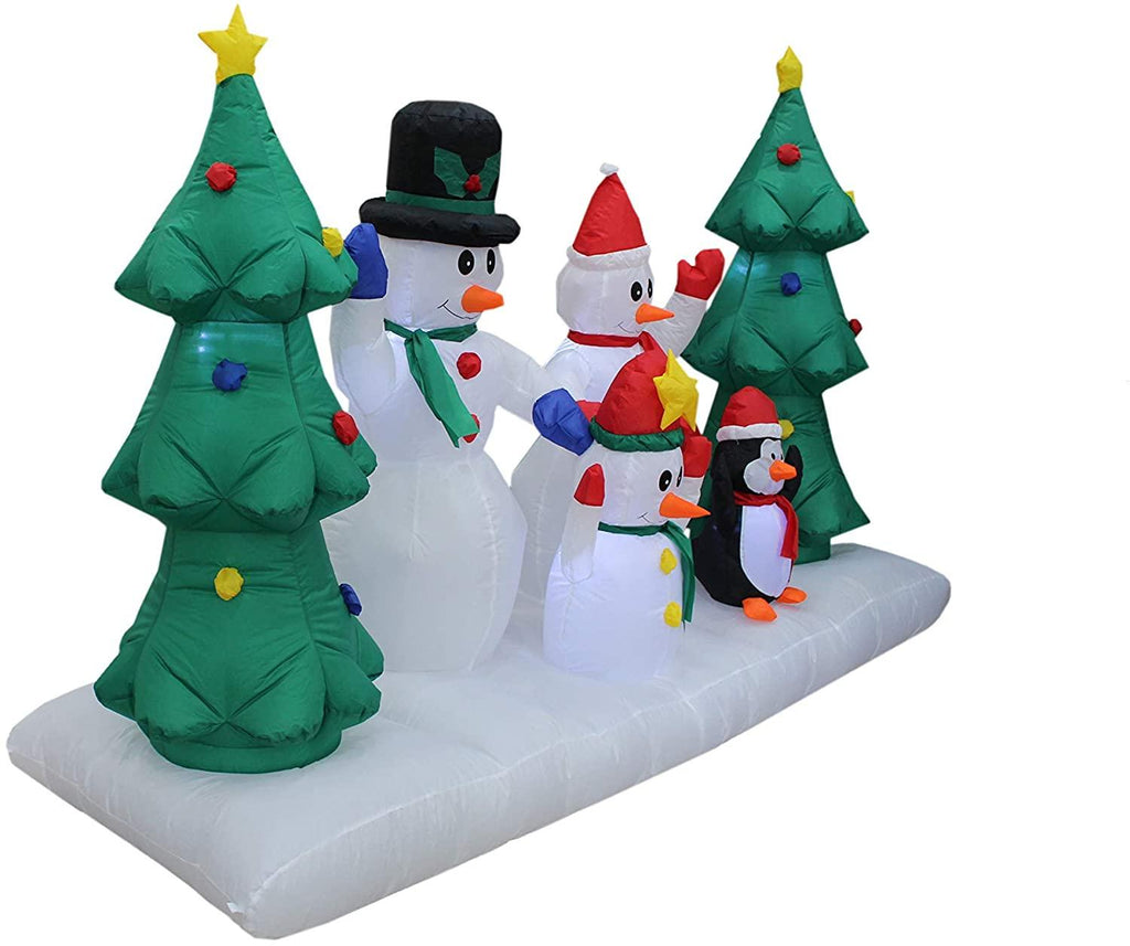 TWO CHRISTMAS PARTY DECORATIONS BUNDLE, Includes 8 Foot Wide Inflatable Snowmen Family with Penguin Christmas Trees, and 8 Foot Long Inflatable Santa Claus on Sleigh with 3 Reindeer and Christmas Tree