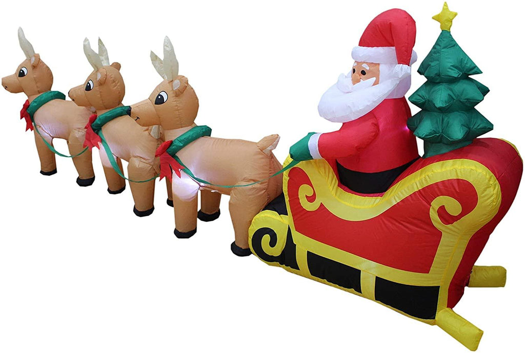 TWO CHRISTMAS PARTY DECORATIONS BUNDLE, Includes 8 Foot Wide Inflatable Snowmen Family with Penguin Christmas Trees, and 8 Foot Long Inflatable Santa Claus on Sleigh with 3 Reindeer and Christmas Tree