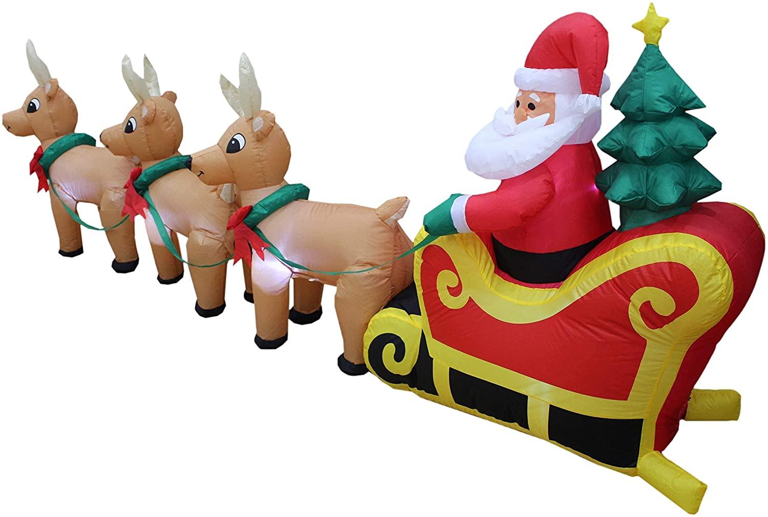 TWO CHRISTMAS PARTY DECORATIONS BUNDLE, Includes 8 Foot Wide Inflatable Snowmen Family with Penguin Christmas Trees, and 8 Foot Long Inflatable Santa Claus on Sleigh with 3 Reindeer and Christmas Tree