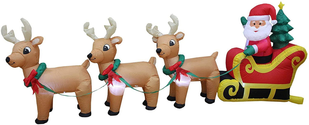 TWO CHRISTMAS PARTY DECORATIONS BUNDLE, Includes 8 Foot Wide Inflatable Snowmen Family with Penguin Christmas Trees, and 8 Foot Long Inflatable Santa Claus on Sleigh with 3 Reindeer and Christmas Tree