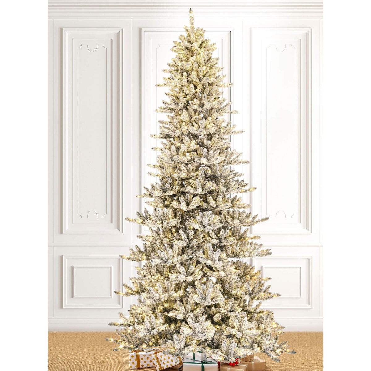 Glitzhome 11ft Pre-Lit Flocked Slim Pine Artificial Christmas Tree with 950 Warm White Lights