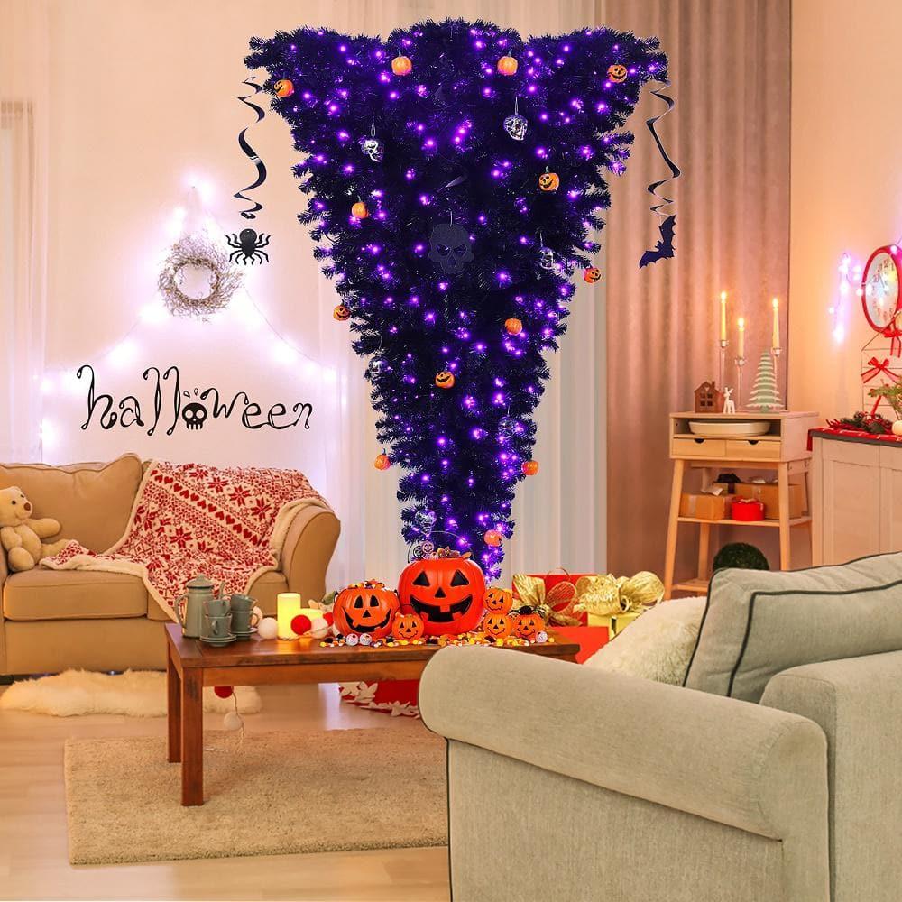 7 ft. Upside Down Halloween Artificial Christmas Tree Black with 400 Purple LED Lights