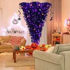 7 ft. Upside Down Halloween Artificial Christmas Tree Black with 400 Purple LED Lights