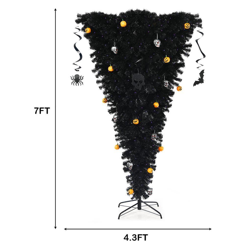 7 ft. Upside Down Halloween Artificial Christmas Tree Black with 400 Purple LED Lights
