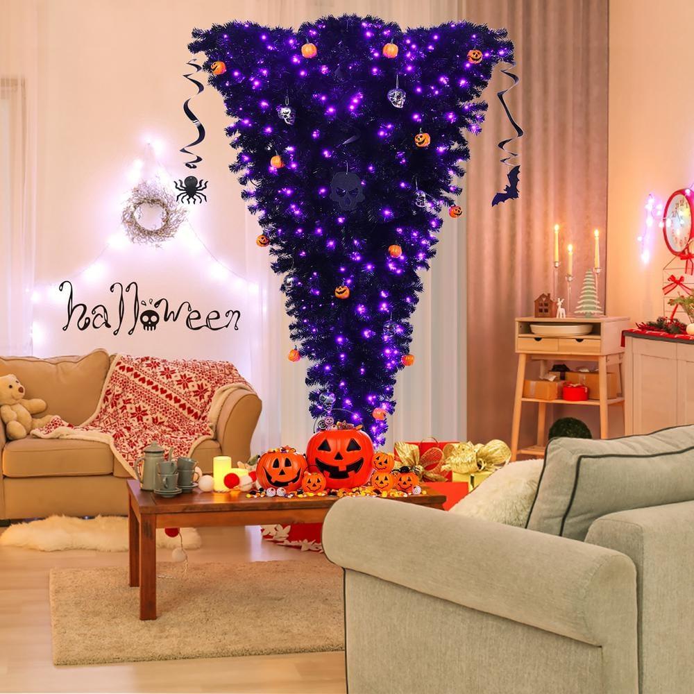 7 ft. Upside Down Halloween Artificial Christmas Tree Black with 400 Purple LED Lights