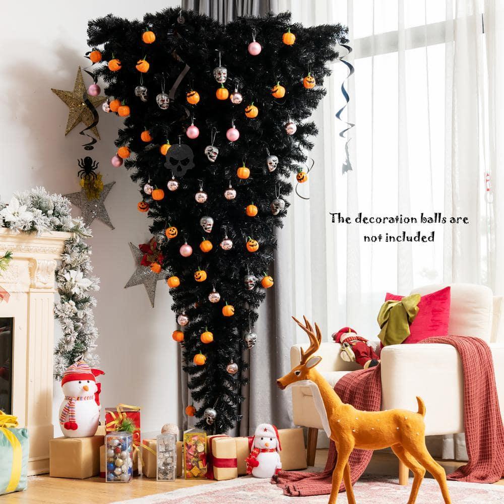 7 ft. Upside Down Halloween Artificial Christmas Tree Black with 400 Purple LED Lights