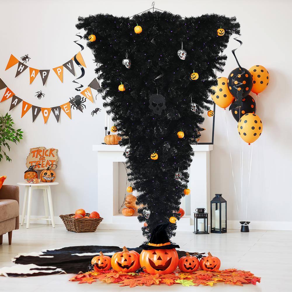 7 ft. Upside Down Halloween Artificial Christmas Tree Black with 400 Purple LED Lights
