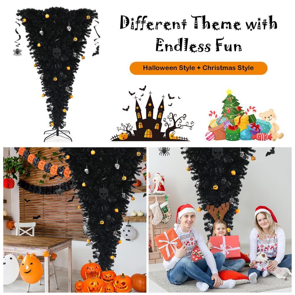 7 ft. Upside Down Halloween Artificial Christmas Tree Black with 400 Purple LED Lights