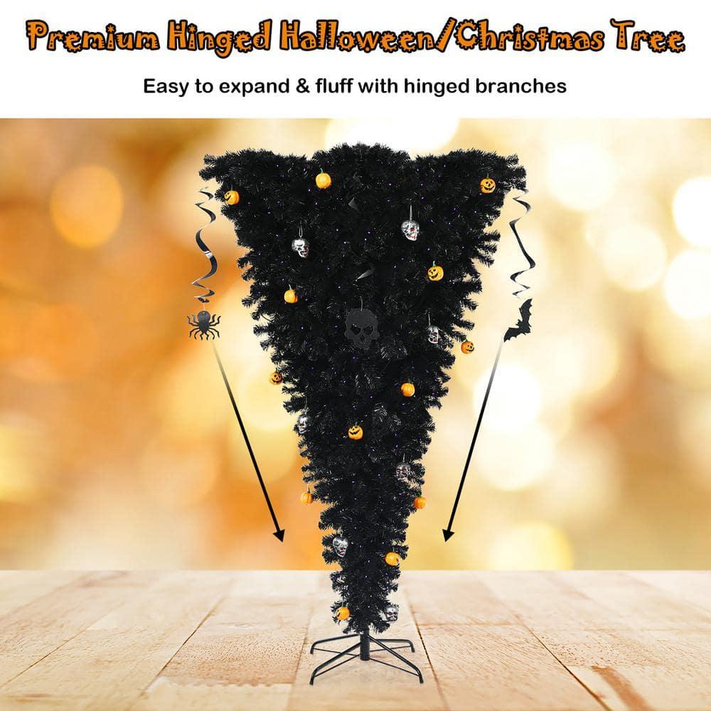 7 ft. Upside Down Halloween Artificial Christmas Tree Black with 400 Purple LED Lights
