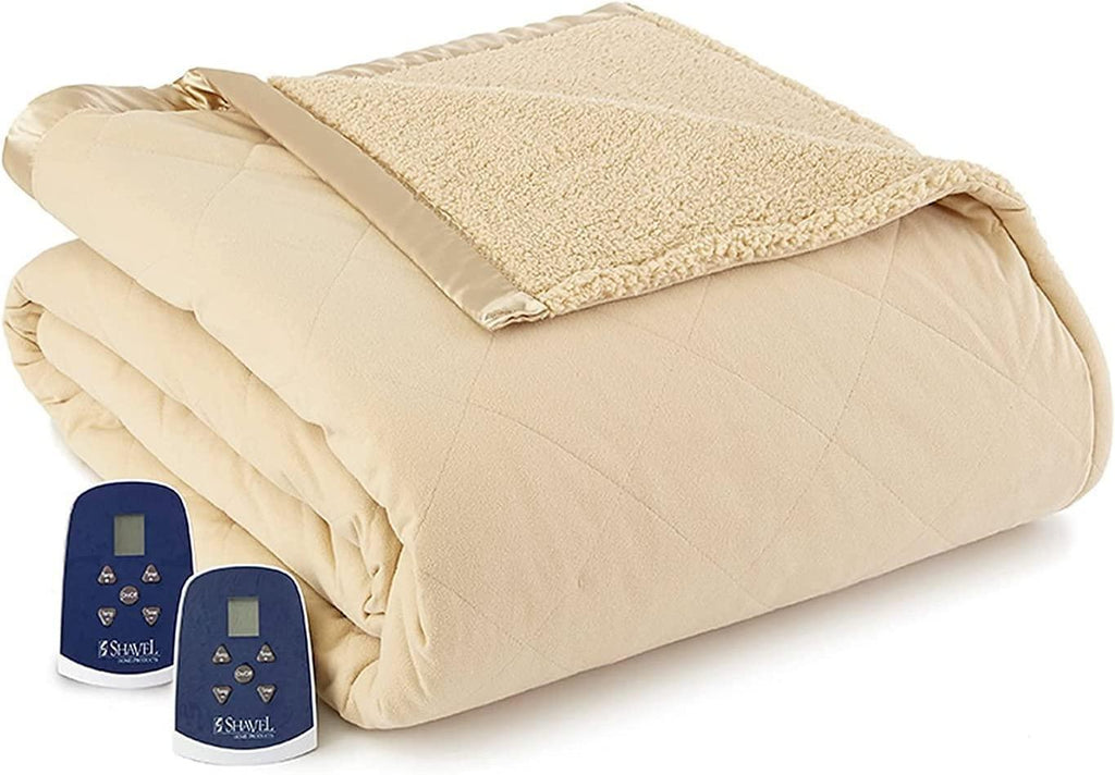 Shavel Home Products Micro Flannel Reverse to Sherpa Electric Heated Blanket  Chino  Full