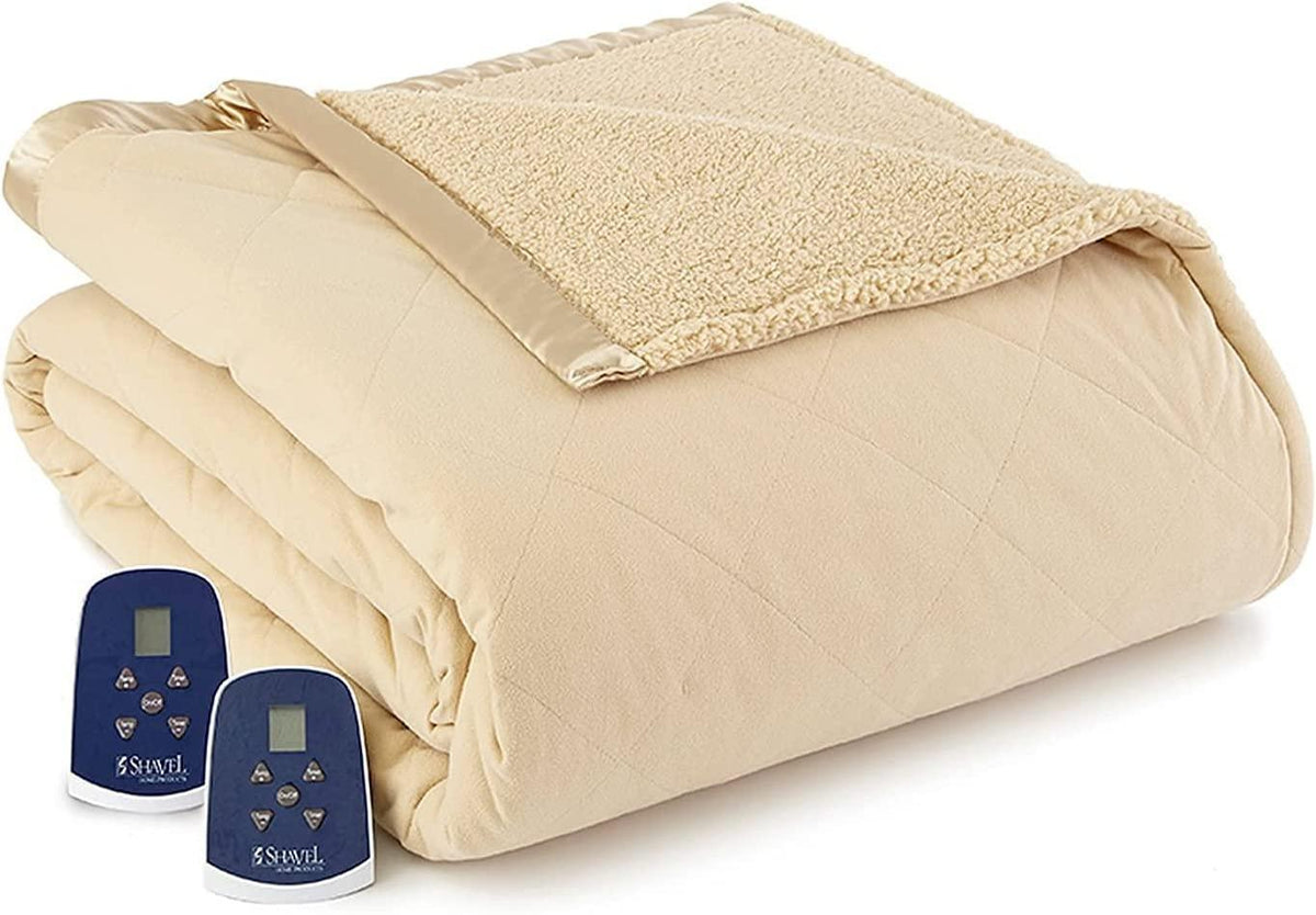 Shavel Home Products Micro Flannel Reverse to Sherpa Electric Heated Blanket  Chino  Full