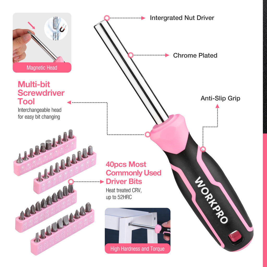 Pink Tool Set, 277 PCS Home Repairing Tool Kit, Pink Tool Bag with 13-Inch Wide Mouth Open StoraBag, Portable Home Tool Kit Including Hammer, Screwdriver, and Household Tools - Pink Ribbon