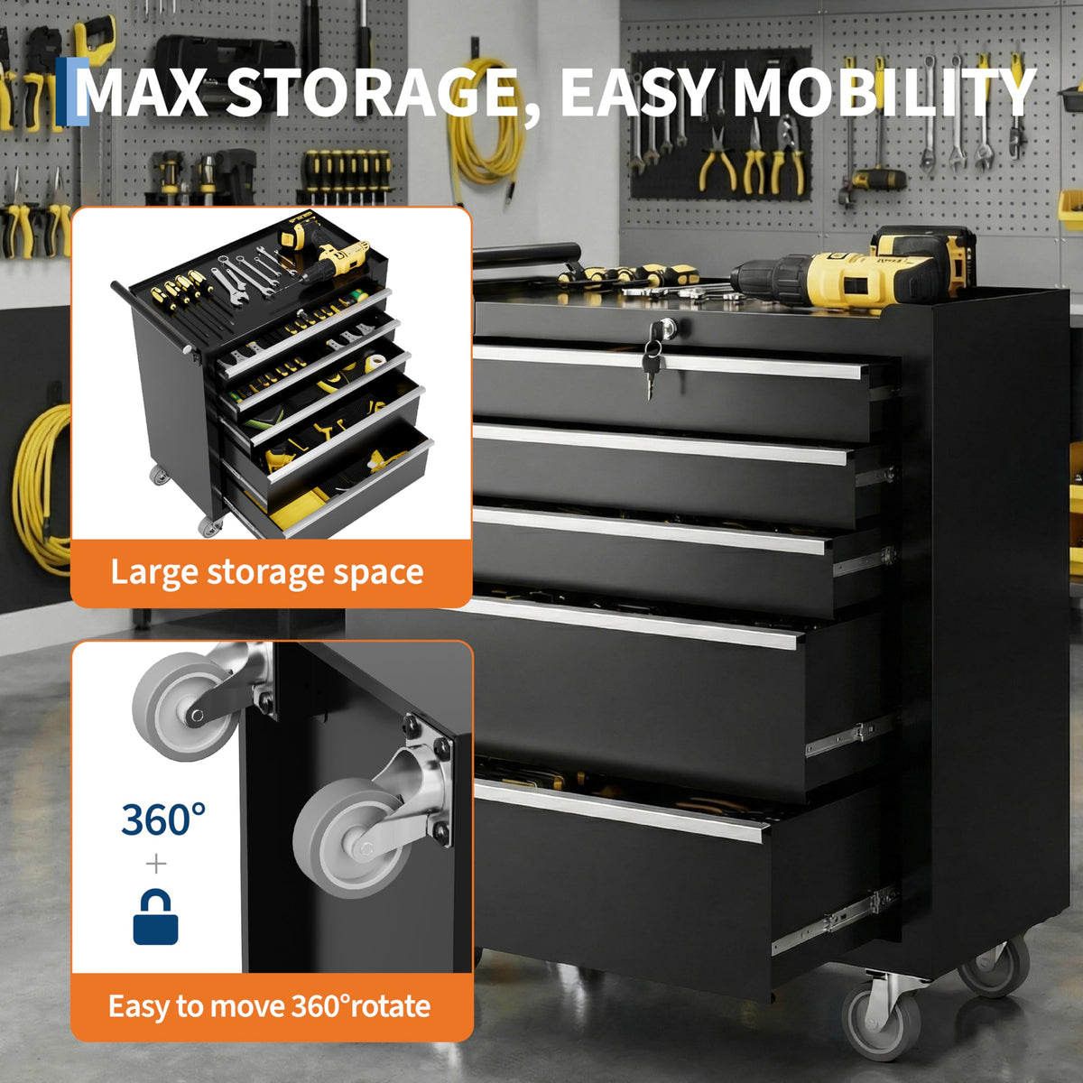 Rolling Tool Chest with Wheels, 5 Drawer Tool StoraCabinet, Portable Toolbox Organizer with Lock, Heavy Duty Tool Chest Cart for Garage, Mechanic, Workshop, Shop, Mobile Tool Organizer, Black