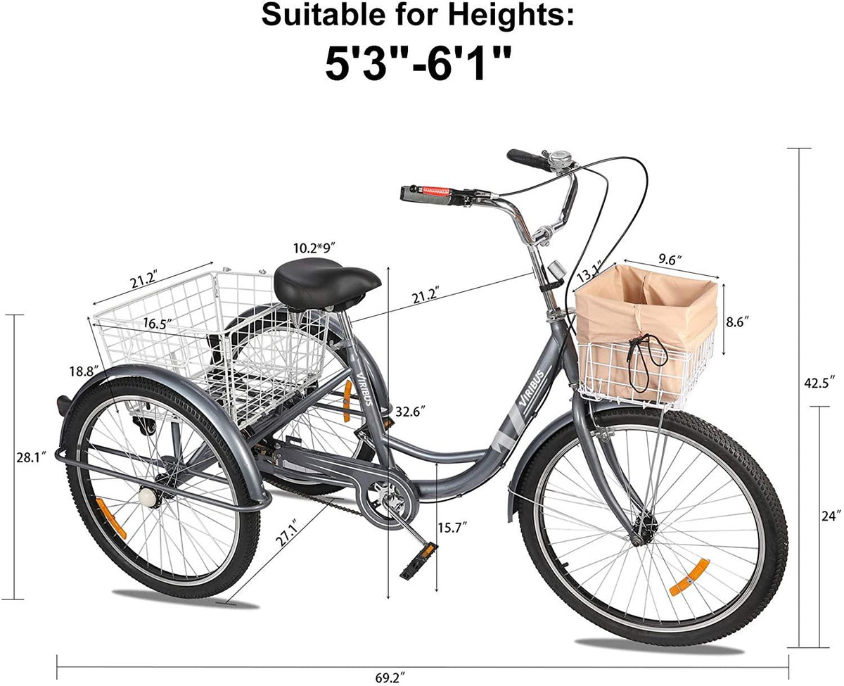 Viribus Adult Three Wheel Tricycle Single Speed Hybrid Cargo Cruiser Trike Bike with Removable Wheeled Basket Bell for Shopping or Dogs Dustproof Bag Exercise Bicycle (Gray/24)